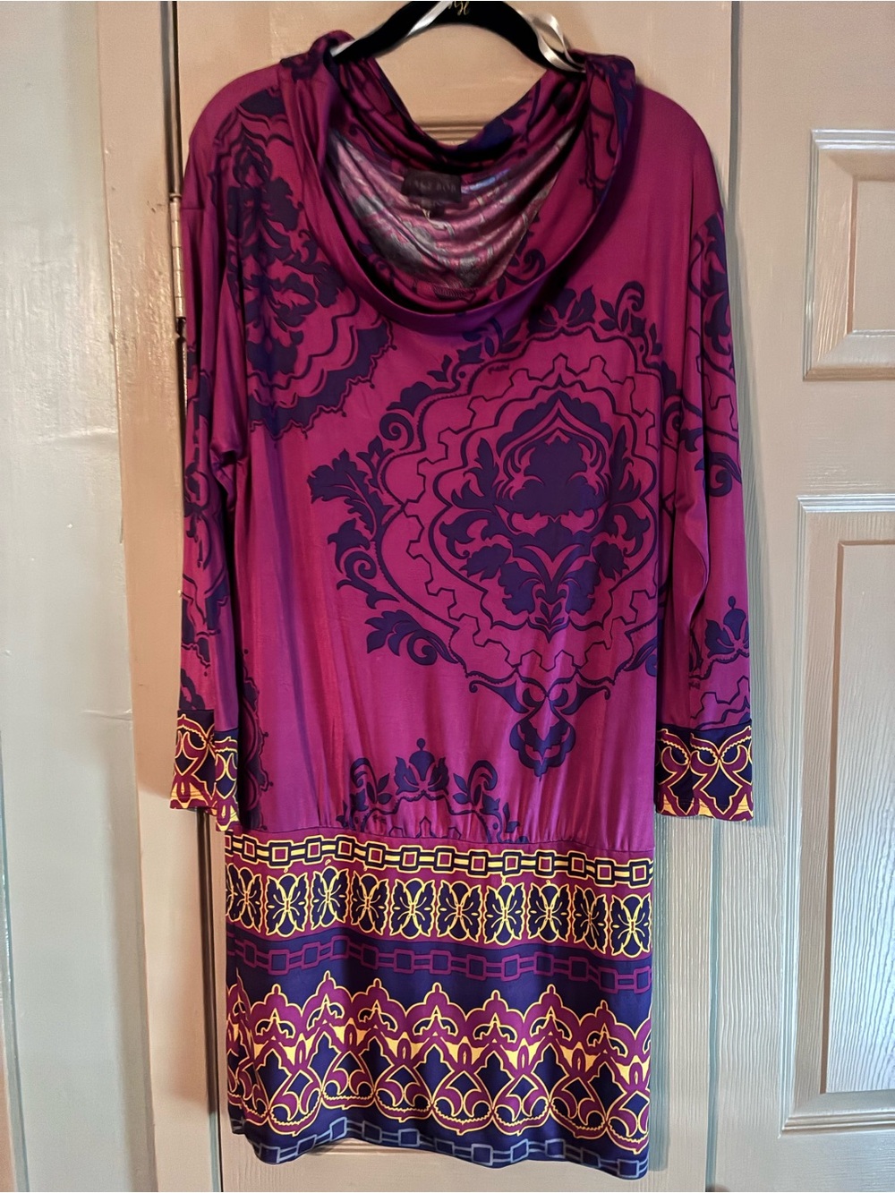 Hale Bob Magenta and Navy Printed Cowl-Neck Mini Dress